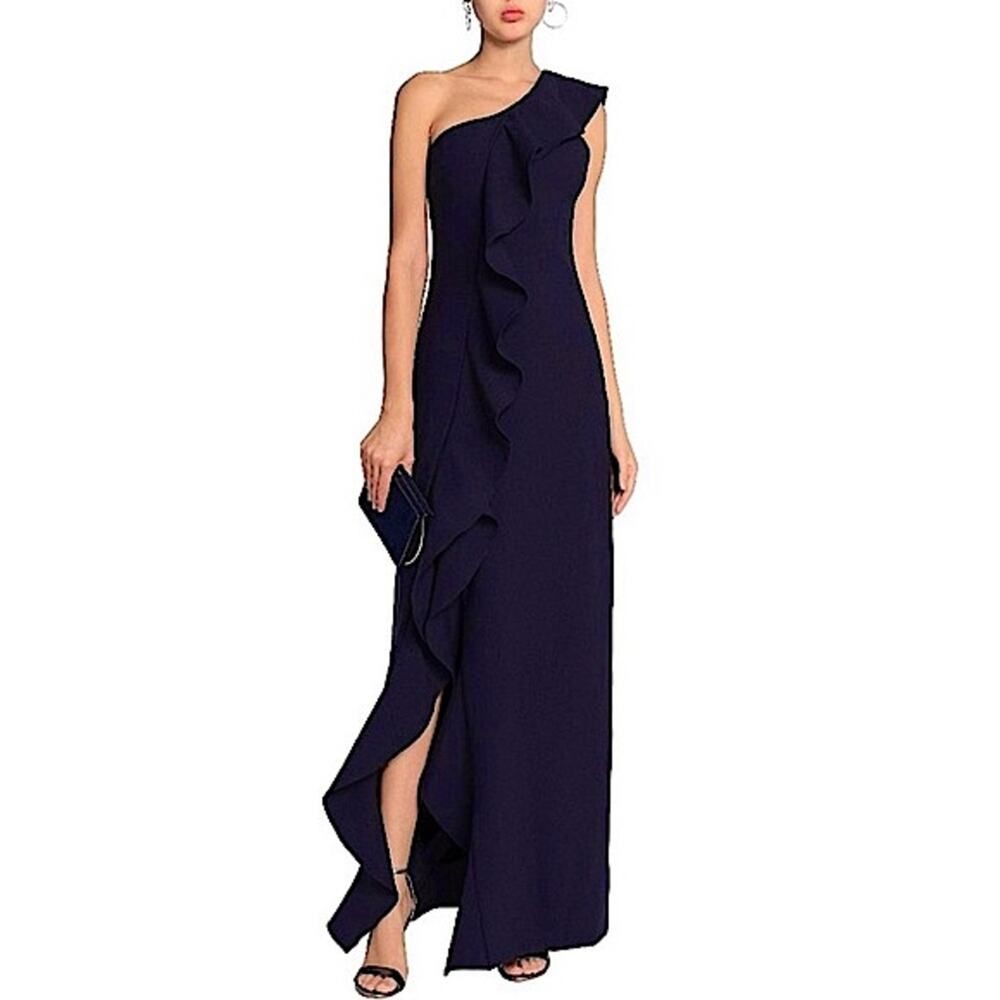 Cinq a Sept Remy One Shoulder Ruffle Maxi Cocktail Gown in Navy Blue Size 2